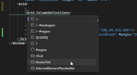 Zrzut ekranu przedstawiający listę IntelliCode dla edytora tekstów XAML.
