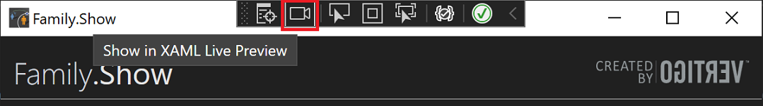 Zrzut ekranu przedstawiający opcję podglądu na żywo XAML na pasku narzędzi aplikacji.