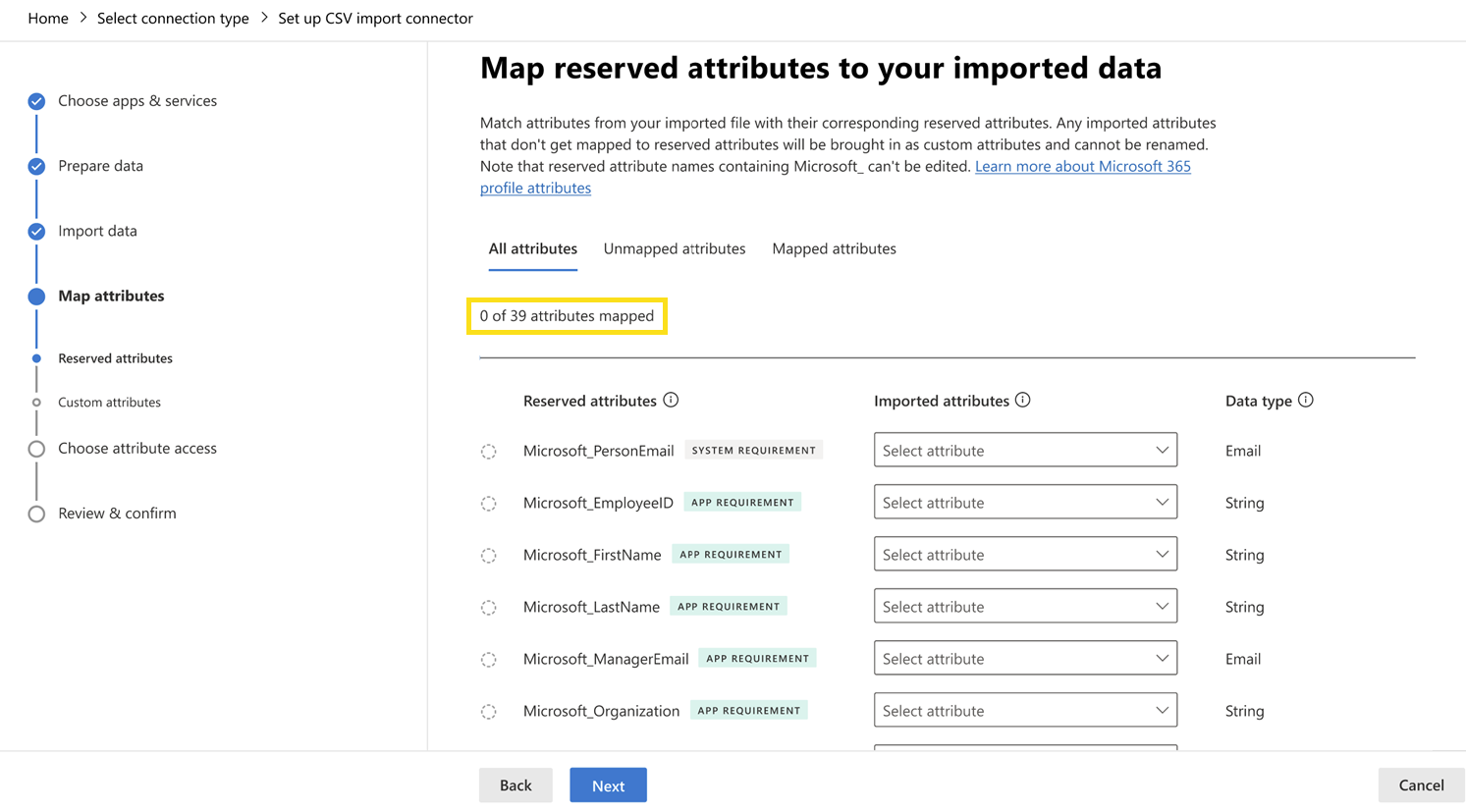 Screenshot that shows 0 of 39 attributes mapped.