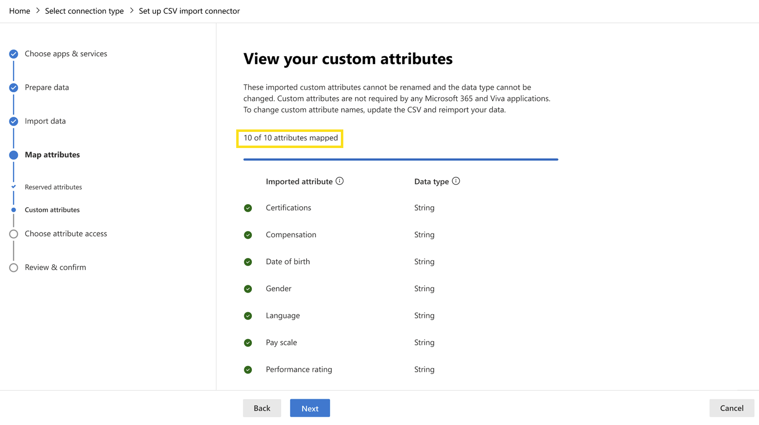 Screenshot that shows 10 of 10 custom attributes mapped.