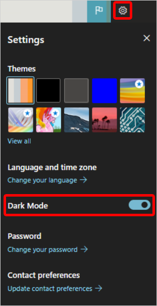 Zrzut ekranu przedstawiający opcję trybu ciemnego.