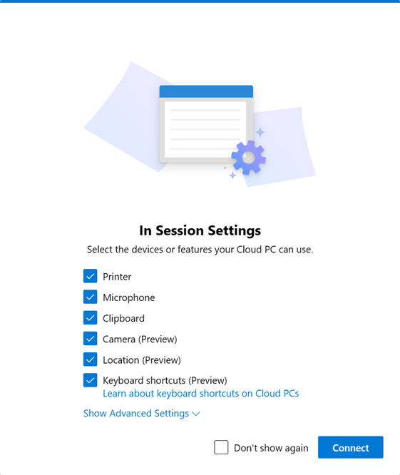 Zrzut ekranu przedstawiający okno dialogowe w ustawieniach sesji dla aplikacji systemu Windows w przeglądarce internetowej z systemem Windows 365.