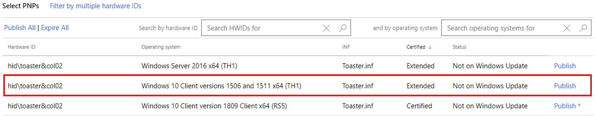 Zrzut ekranu przedstawia przesyłanie z wybranymi wersjami i stanem ustawionym na wartość 
