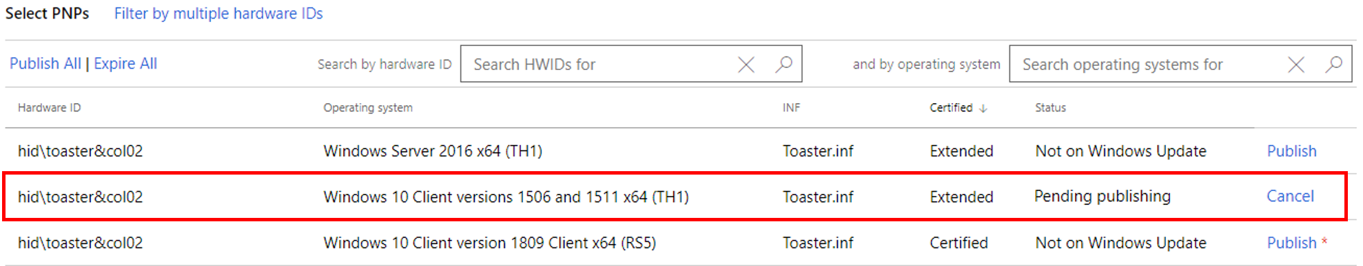 Zrzut ekranu przedstawia przesyłanie z wybranymi wersjami i stanem ustawionym na 