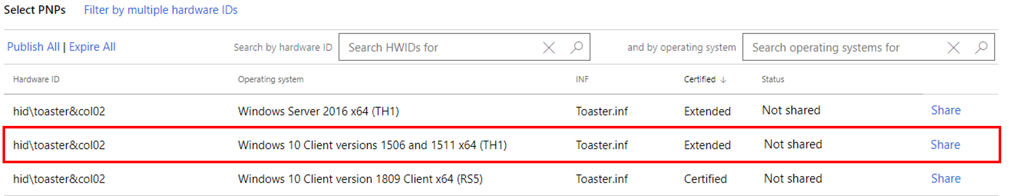 Zrzut ekranu przedstawiający sterownik nieudostępniany, ale z wybranym systemem operacyjnym.
