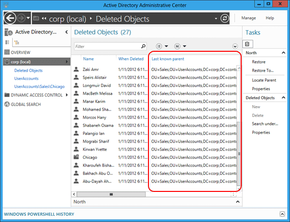 Screenshot that highlights where you can see the deleted user object's Last Known Parent attribute change to the restored Sales OU distinguished name.