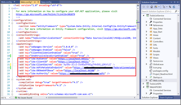 Zrzut ekranu przedstawiający plik konfiguracji sieci Web w obszarze ToDoListService z zmodyfikowanymi wartościami.