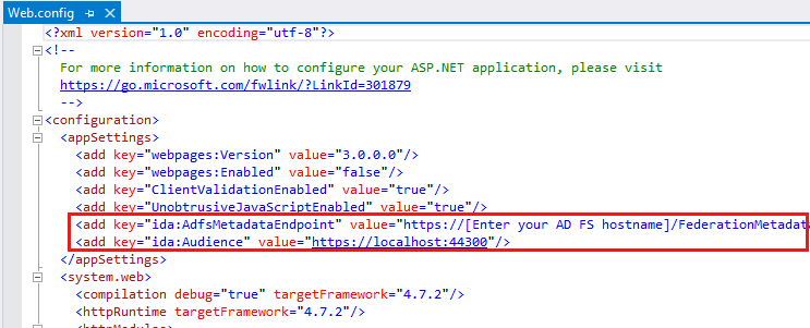 Zrzut ekranu przedstawiający plik konfiguracji sieci Web w obszarze WebAPIOBO przedstawiający zmodyfikowane wartości.