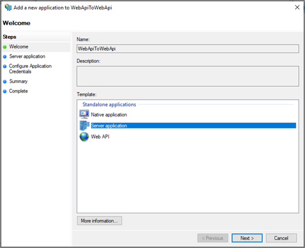 Zrzut ekranu przedstawiający stronę powitalną kreatora Dodawanie nowej aplikacji do interfejsu WebApiToWebApi z wyróżnioną opcją Aplikacja serwera.