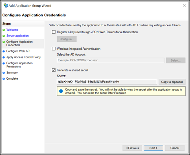 Zrzut ekranu przedstawiający stronę aplikacji 'Konfigurowanie poświadczeń aplikacji' w Kreatorze dodawania grupy aplikacji z wybraną opcją 'Generowanie wspólnego tajnego wpisu' i wypełniony wygenerowany wspólny tajny wpis.