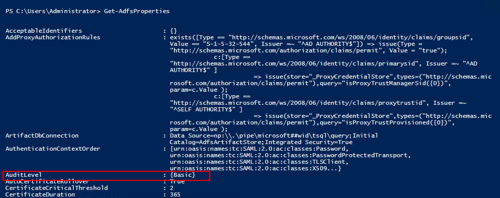 Screenshot of the PowerShell window showing the results of the Get-AdfsProperties cmdlet with the Audit Level property called out.