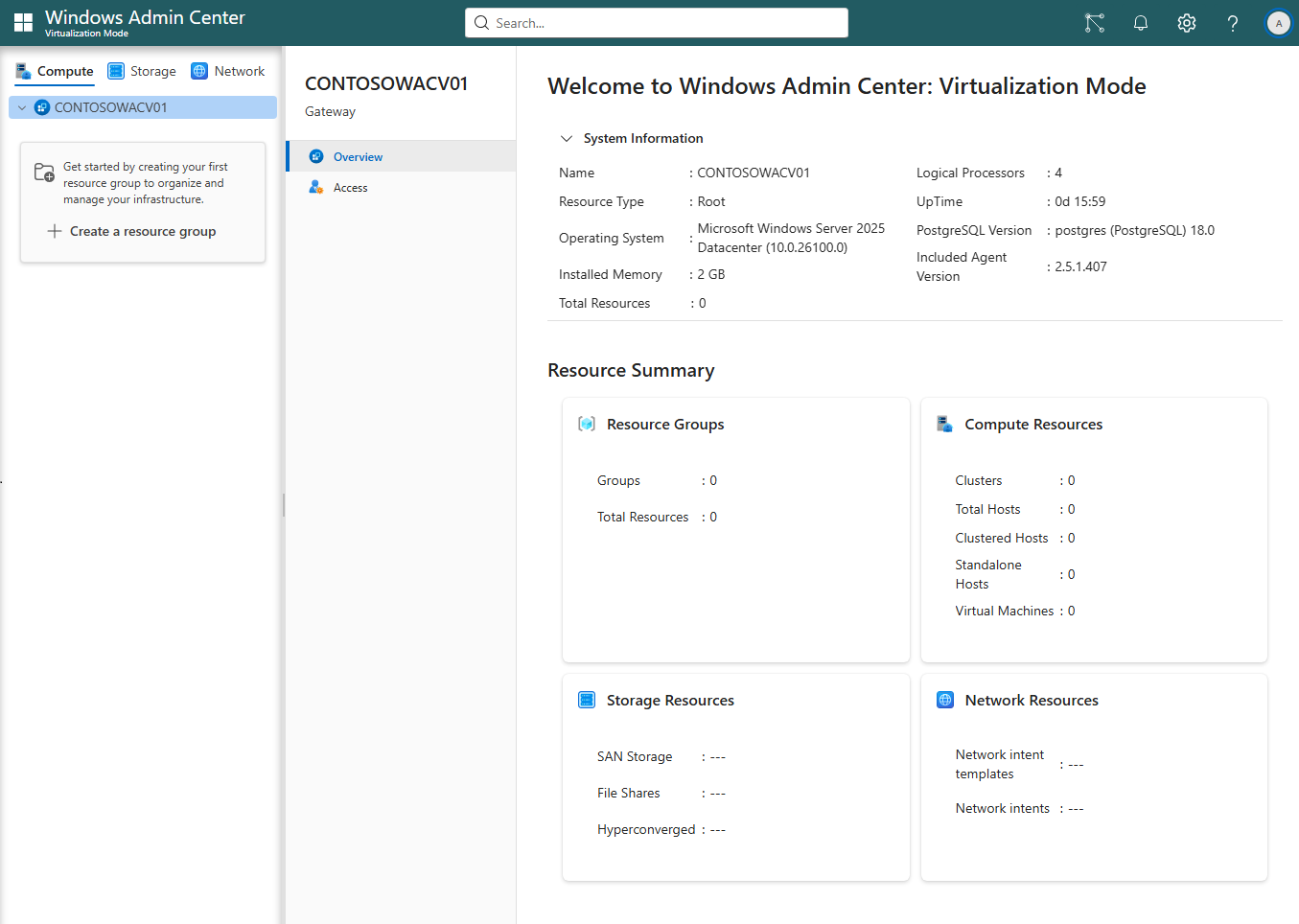 Zrzut ekranu przedstawiający okienko zasobów z otwartym menu wielokropka na hoście, pokazujący akcję Dodaj grupę zasobów, zanim jakiekolwiek grupy istnieją.