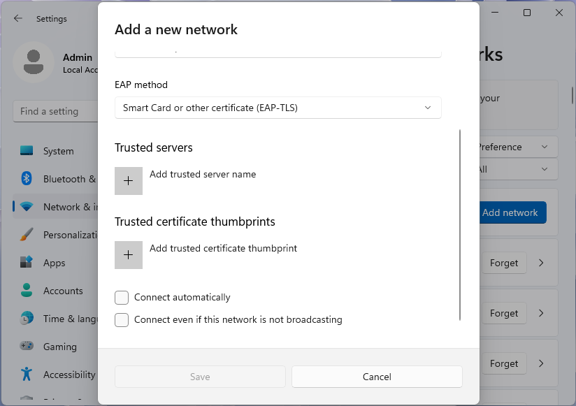 EAP: Zrzut ekranu przedstawiający okno dialogowe Dodawanie nowej sieci z WPA3-Enterprise i protokołu EAP-TLS w aplikacji Ustawienia systemu Windows 11.
