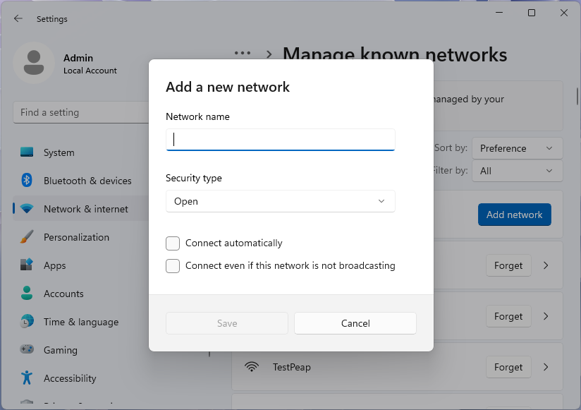 Zrzut ekranu okna dialogowego Dodawanie nowej sieci w aplikacji Ustawienia systemu Windows 11.