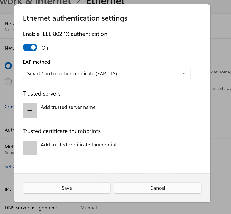 Zrzut ekranu przedstawiający okno dialogowe Ustawienia uwierzytelniania Ethernet, rozwinięte w aplikacji Ustawienia systemu Windows 11.
