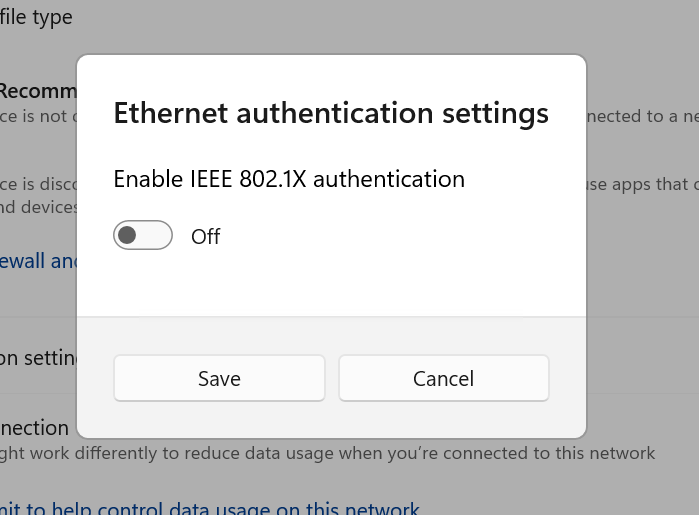 Zrzut ekranu przedstawiający okno dialogowe Ustawienia uwierzytelniania Ethernet w aplikacji Ustawienia systemu Windows 11.