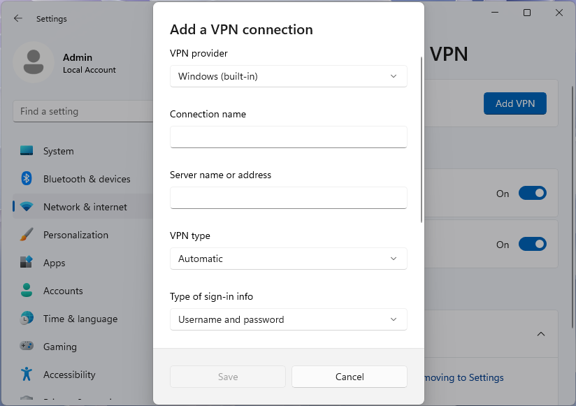 zrzut ekranu przedstawiający okno dialogowe Dodawanie połączenia sieci VPN w aplikacji Ustawienia systemu Windows 11.