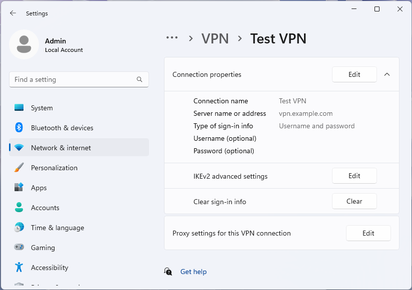 Zrzut ekranu przedstawiający stronę opcji zaawansowanych sieci VPN dla profilu w aplikacji Ustawienia systemu Windows 11.