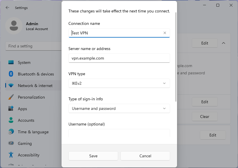 Zrzut ekranu przedstawiający okno dialogowe Edytowanie profilu sieci VPN w aplikacji Ustawienia systemu Windows 11.