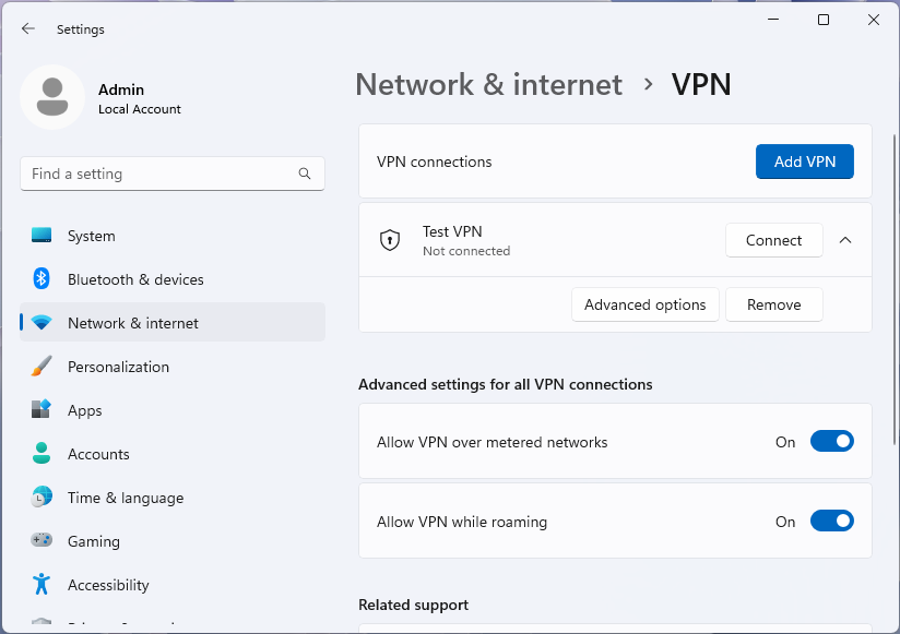 Zrzut ekranu przedstawiający stronę sieci VPN z wybranym profilem w aplikacji Ustawienia systemu Windows 11.