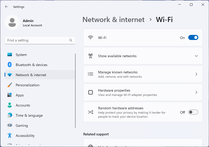 Zrzut ekranu strony Wi-Fi w aplikacji Ustawienia systemu Windows 11.