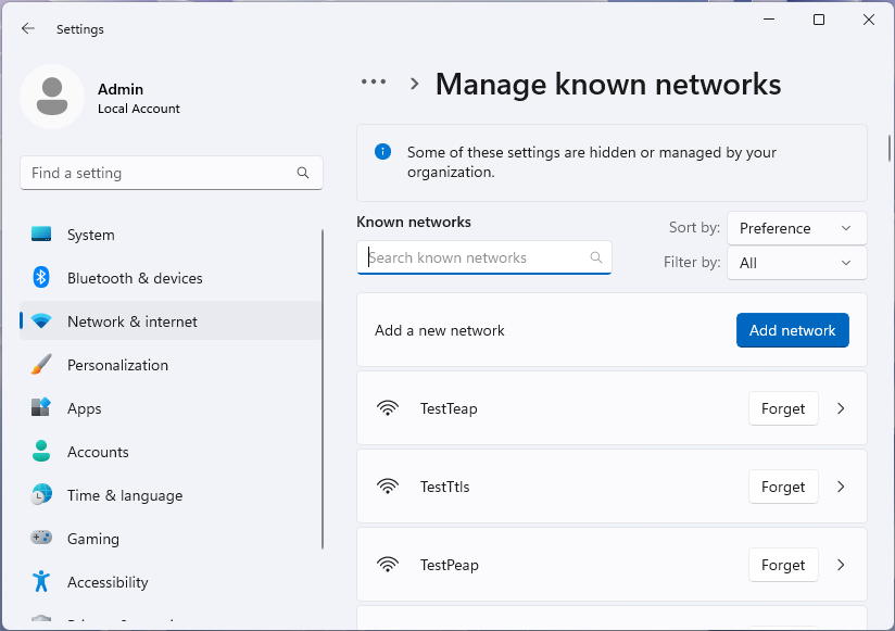 Zrzut ekranu strony Zarządzanie znanymi sieciami w aplikacji Ustawienia systemu Windows 11.