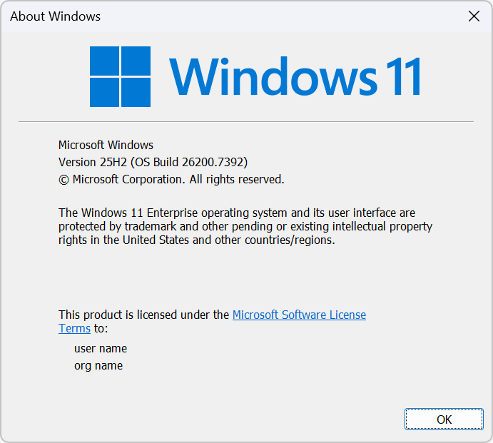 Zrzut ekranu przedstawiający okno dialogowe wersji systemu Windows wyświetlane przez wpisanie 
