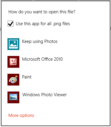 otwarte okno dialogowe uruchamiania pliku .png. Okno dialogowe zawiera pole wyboru, które określa, czy wybór użytkownika powinien być używany dla wszystkich plików .png lub tylko ten plik .png. Okno dialogowe zawiera cztery opcje aplikacji służące do uruchamiania pliku i link 