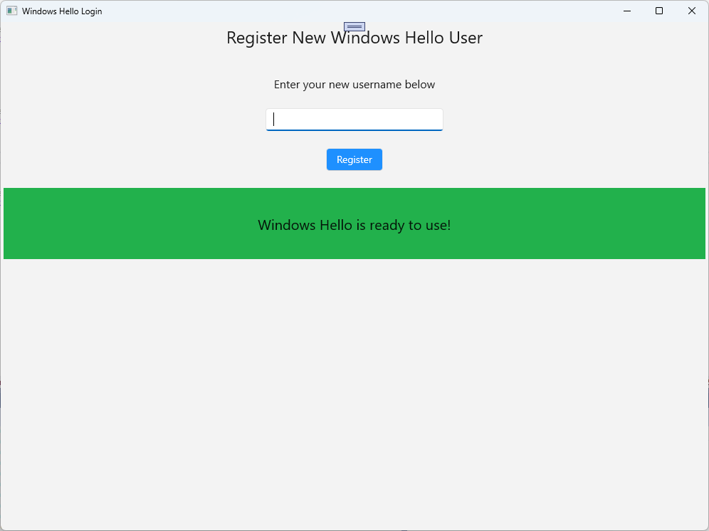 A screenshot of the Windows Hello register new user page