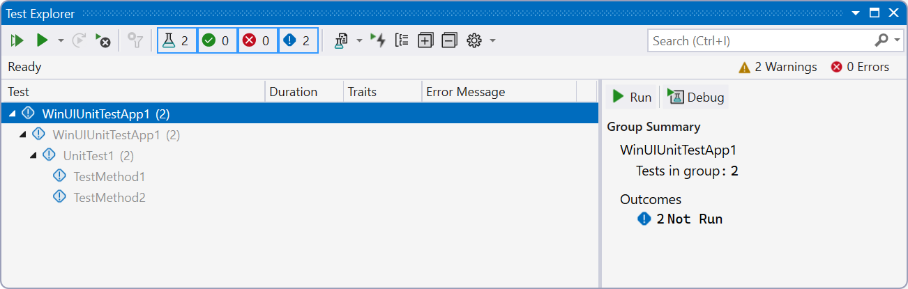 Zrzut ekranu okna Eksploratora testów w Visual Studio przedstawiający domyślne przykładowe testy.