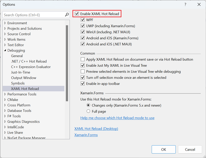 Zrzut ekranu przedstawiający okno dialogowe Opcje debugowania programu Visual Studio z wyróżnioną opcją Włącz Przeładowywanie kodu XAML na gorąco.