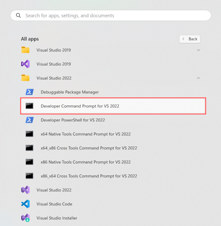 Zrzut ekranu menu Start systemu Windows z wyróżnionym wierszem polecenia programisty dla programu VS 2022.