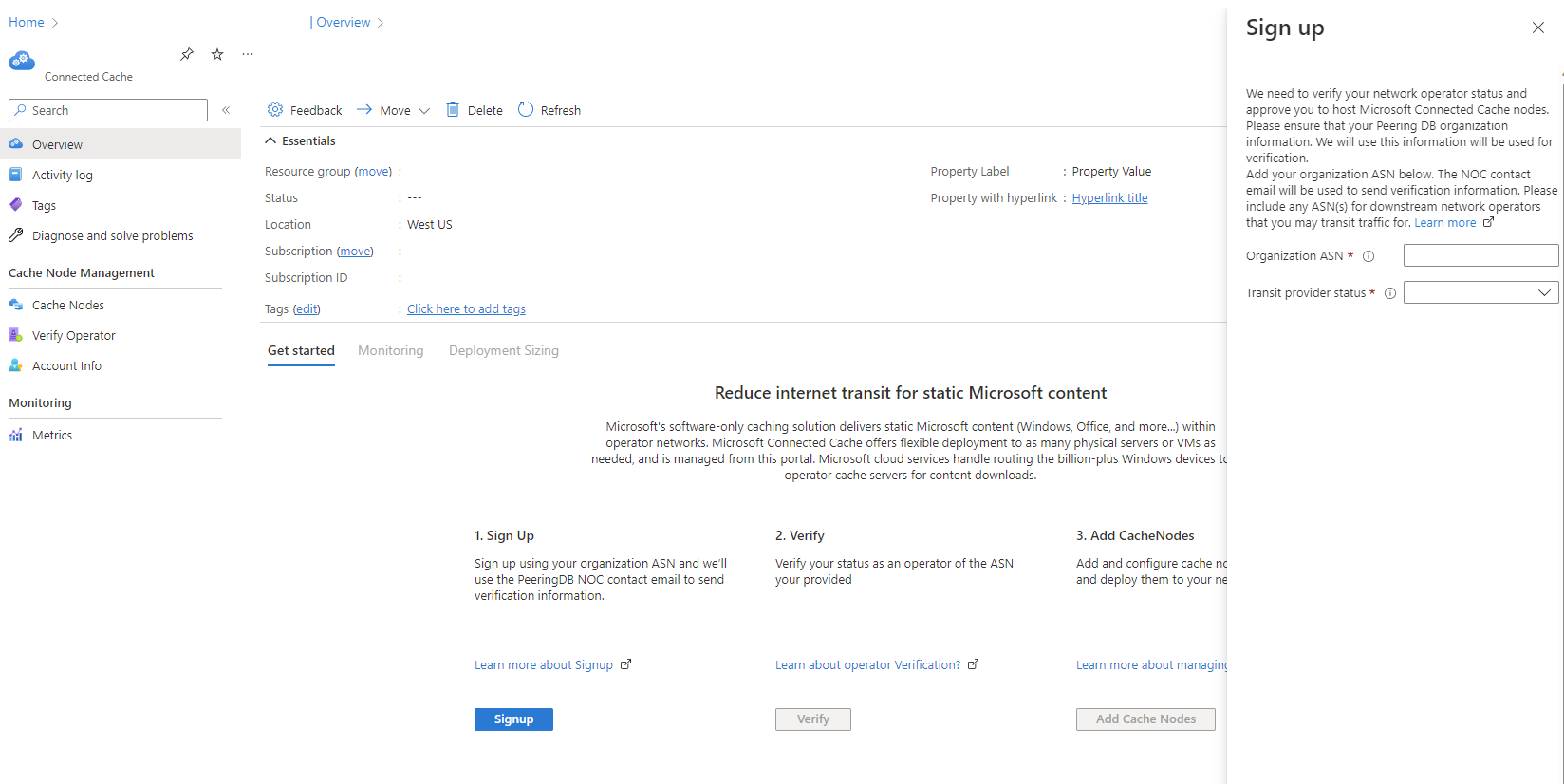 Screenshot of the sign up page in the Microsoft Connected Cache resource page in Azure portal.