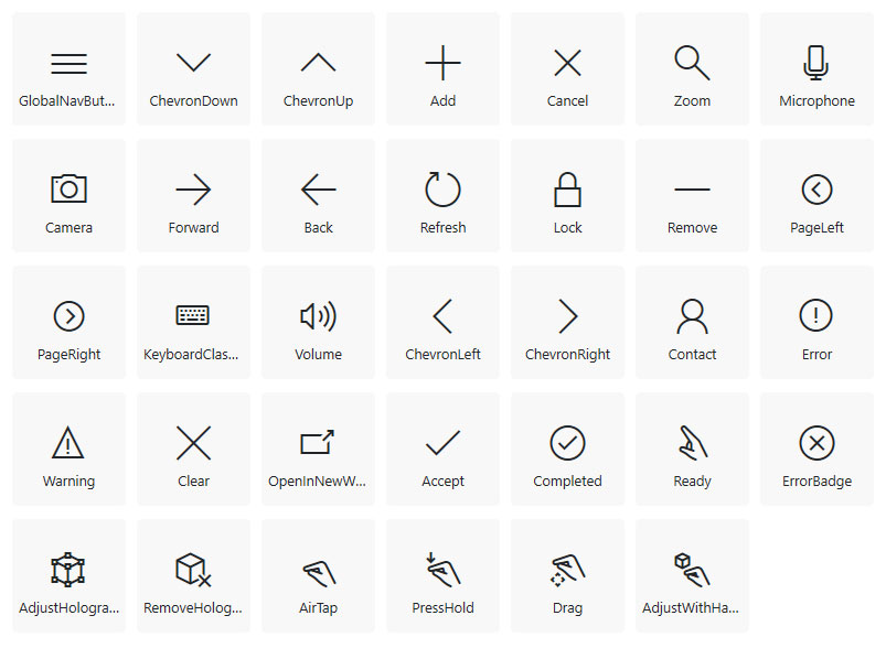 Czcionka holoLens udostępnia symbole używane w Windows Mixed Reality
