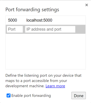 okno Przekazywanie portów w przeglądarce Chrome