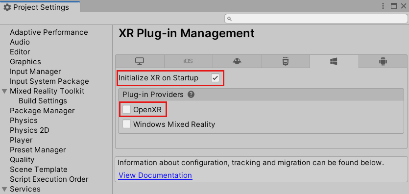 Zrzut ekranu przedstawiający okno Ustawienia projektu w platforma uniwersalna systemu Windows z wybraną pozycją Inicjuj XR podczas uruchamiania i wyróżnioną wtyczką OpenXR.