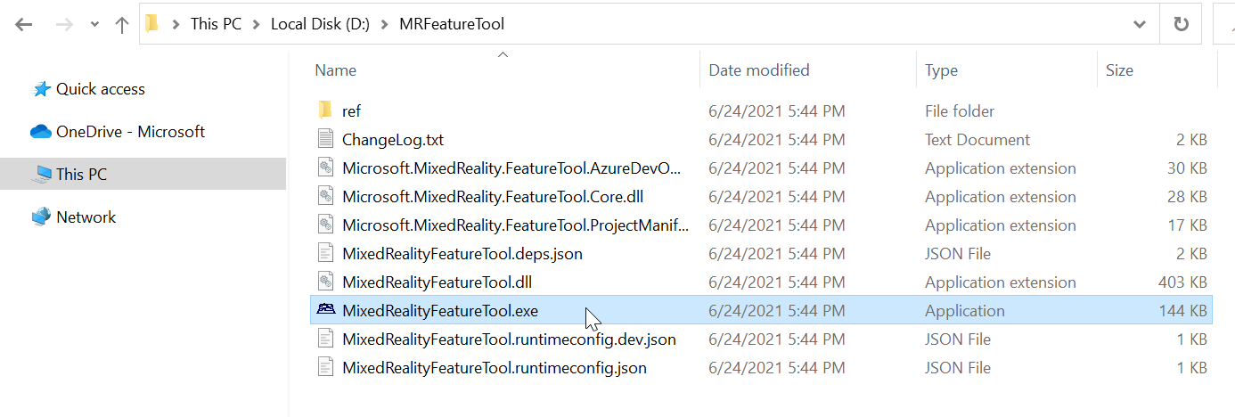 Zrzut ekranu przedstawiający otwieranie narzędzia MixedRealityFeatureTool.