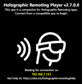 Zrzut ekranu przedstawiający odtwarzacz Holographic Remoting Player uruchomiony w urządzeniu HoloLens