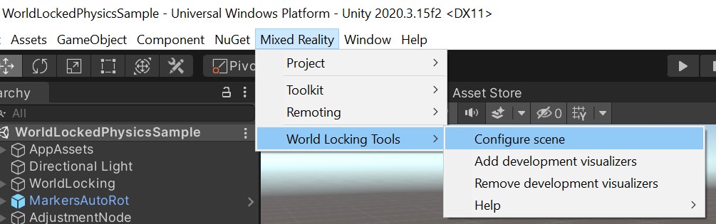 Edytor aparatu Unity z wybranym menu zestawu narzędzi Mixed Reality