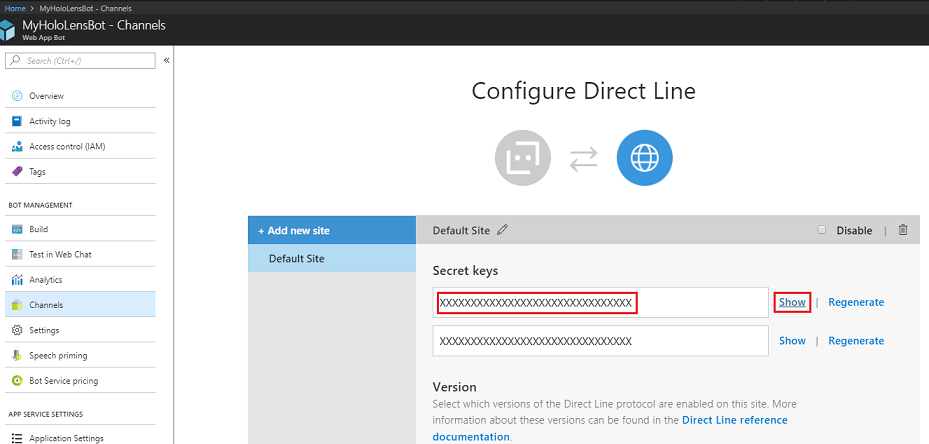 Zrzut ekranu przedstawiający klucze tajne wyróżnione w temacie MyHoloLensBot Configure Direct Line channel (Konfigurowanie kanału linii bezpośredniej).