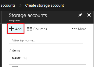 Zrzut ekranu przedstawiający okno platformy Microsoft Azure z wyświetlonym ekranem Konta magazynu i wyróżnionym przyciskiem Dodaj.