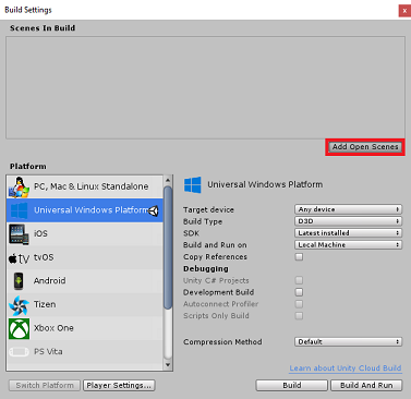 Screenshot that shows the Build Settings window with 'Add Open Scenes' button highlighted in the upper right.