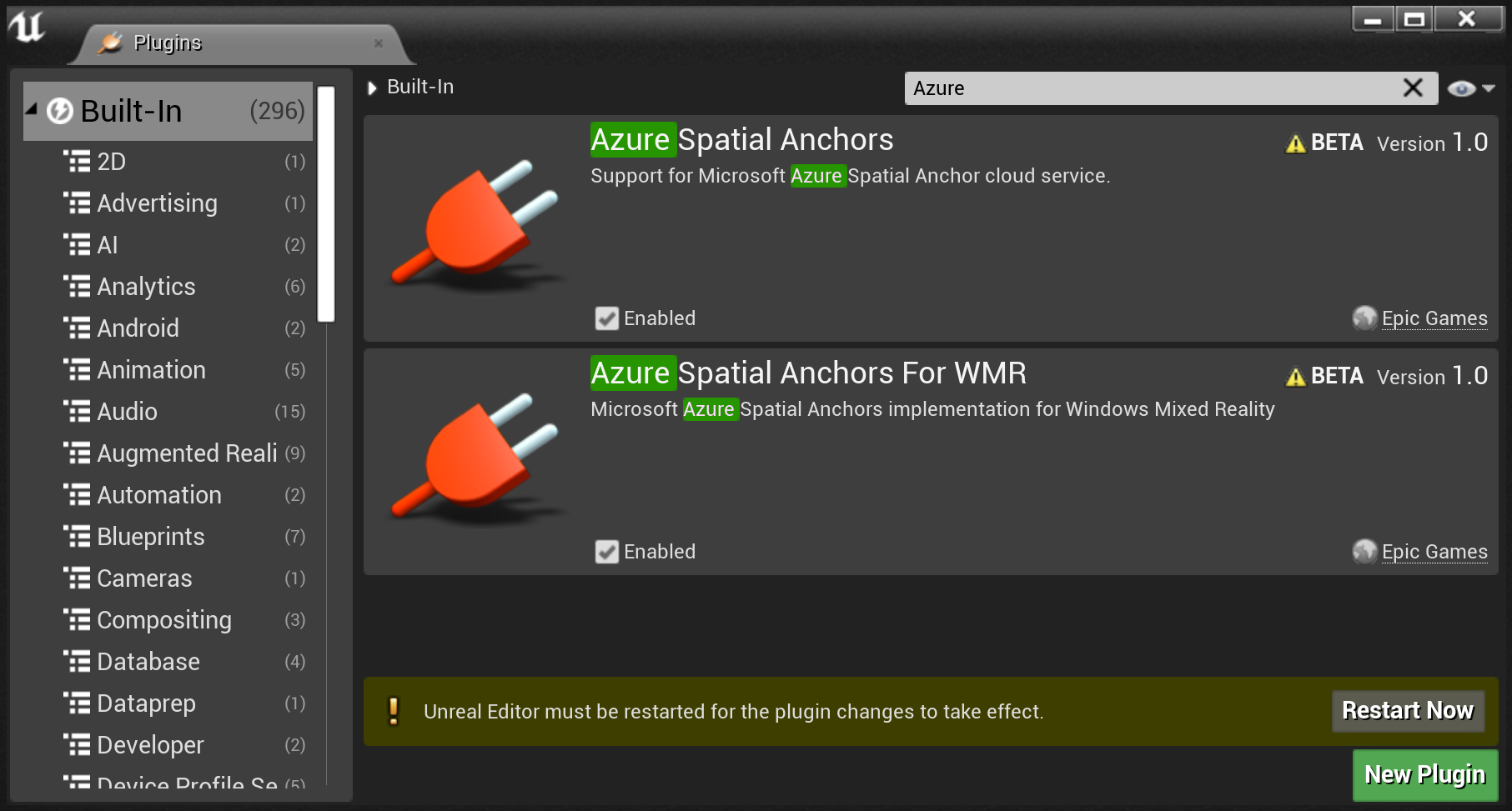 Zrzut ekranu przedstawiający wtyczki usługi Spatial Anchors w edytorze Unreal