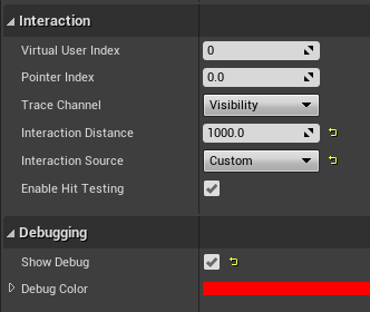 Zrzut ekranu przedstawiający właściwości składnika interakcji widżetu i debugowania