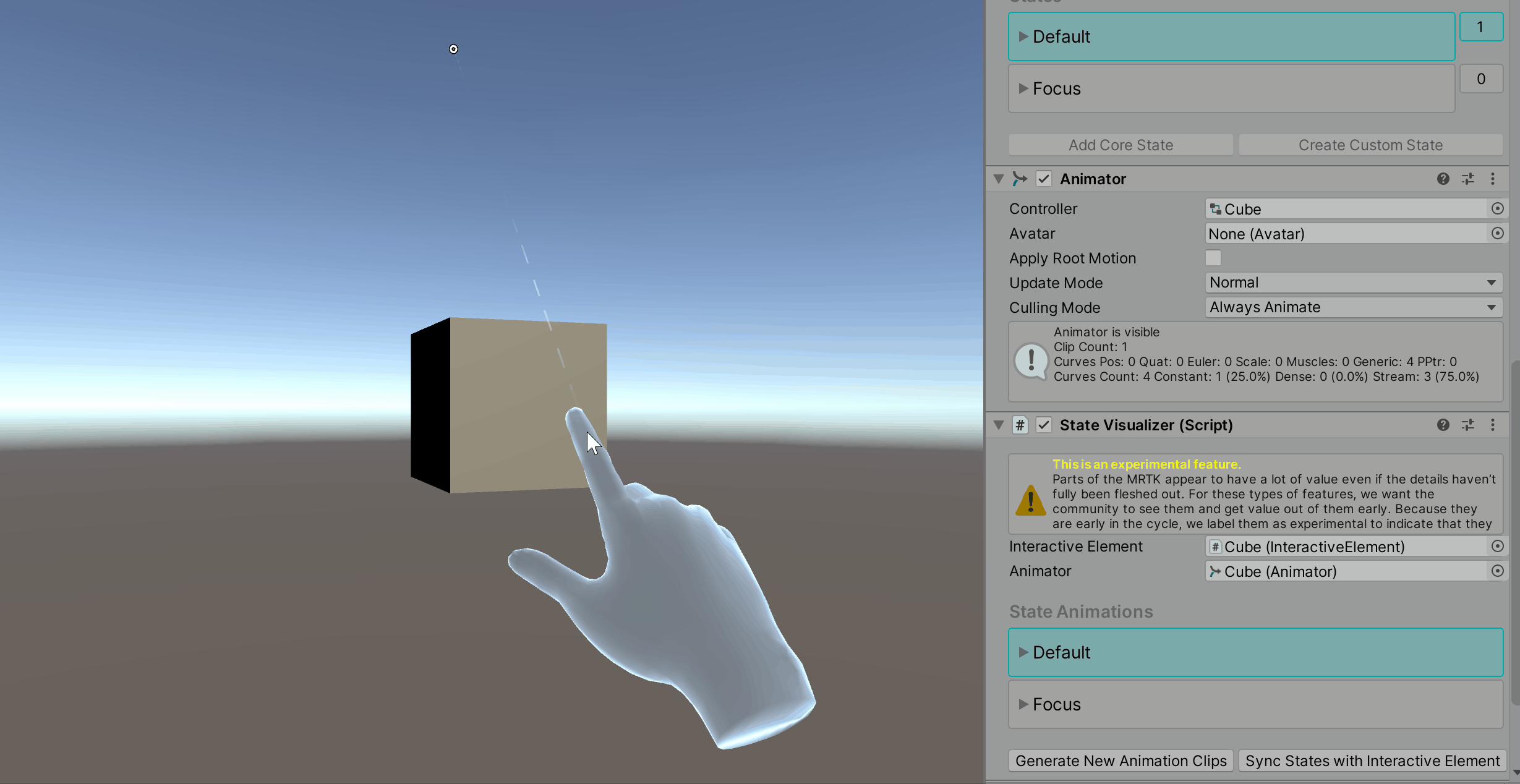 Przykład zmiany koloru przejściowego z interakcją z wirtualną ręką
