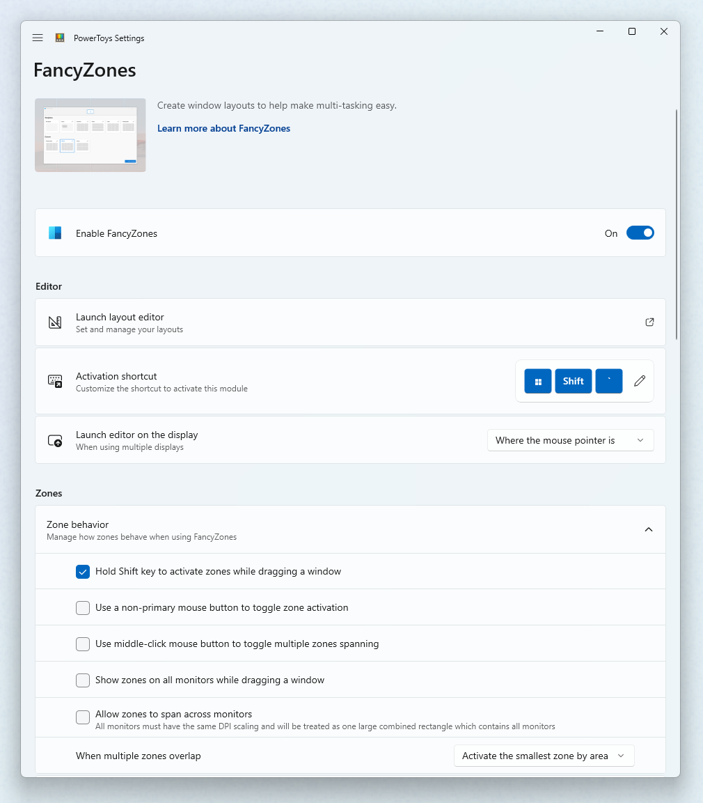 FancyZones Interfejs użytkownika ustawień
