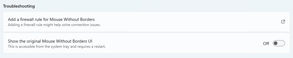 Zrzut ekranu przedstawiający sekcję rozwiązywania problemów z Mouse Without Borders