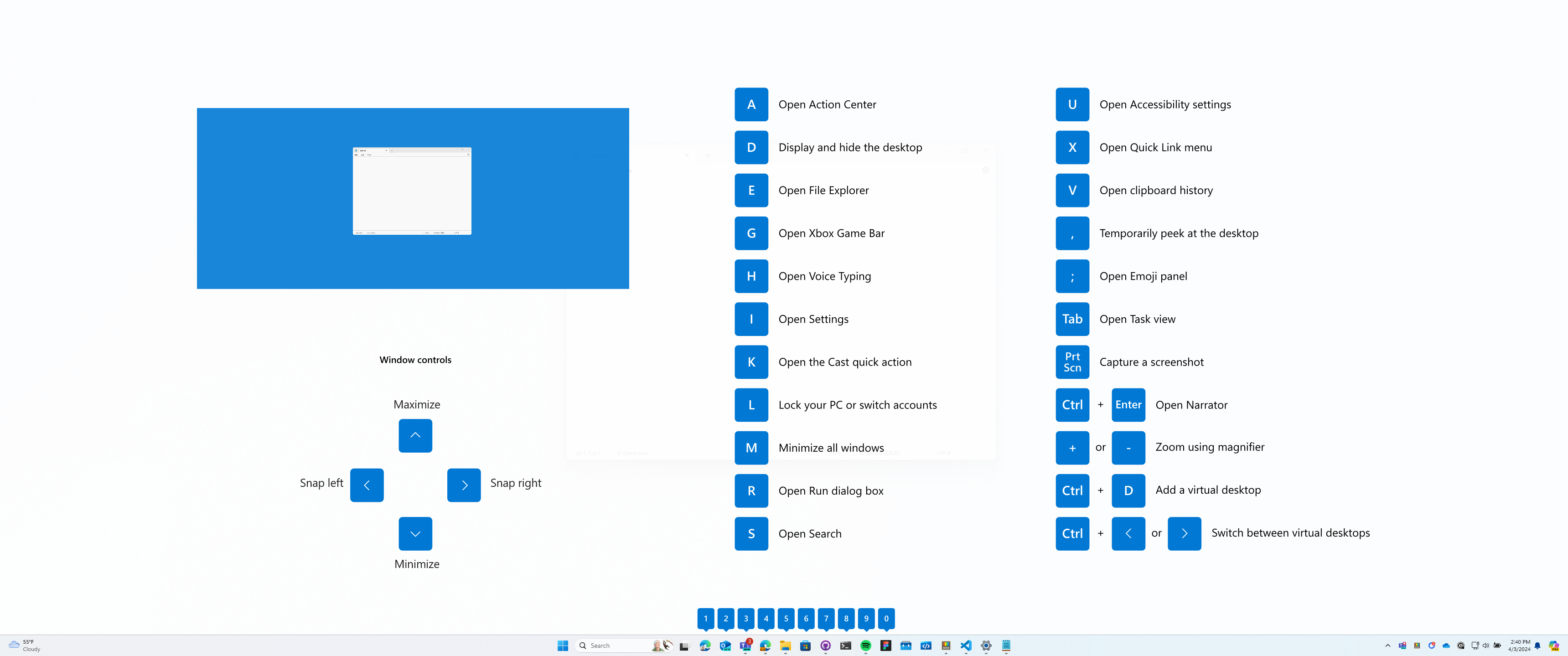  Zrzut ekranu przedstawiający PowerToys nakładkę przewodnika skrótów wyświetlającą Windows skróty klawiaturowe na pulpicie.