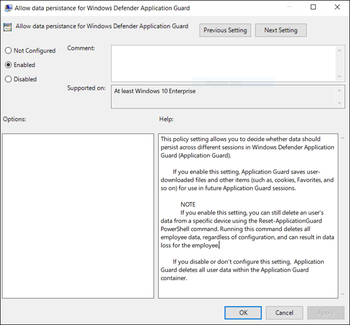 Group Policy editor Data Persistence options.