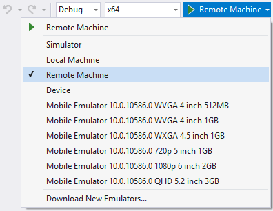 lista rozwijana celów debugowania programu Visual Studio